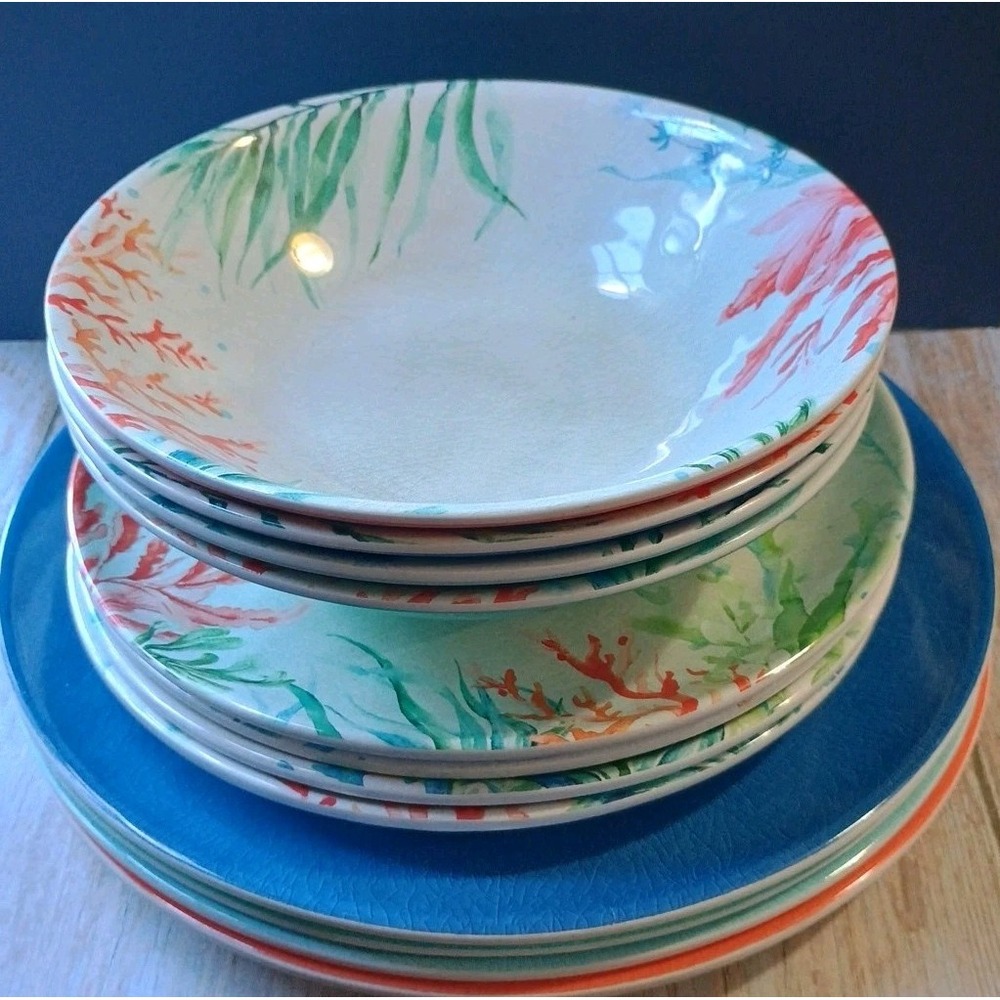 Melamine Set Of 12 Plates 9" & 11" Bowls Corals Crab Seahorse Starfish Turtle